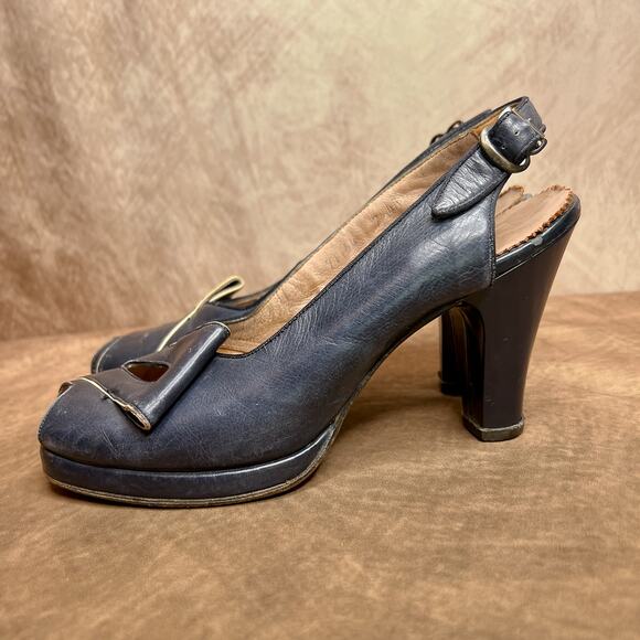 Vintage 40s Gold Cross Shoe Pumps Blue Heels Decorative Wrap Blue Open Toe Retro - Picture 3 of 13